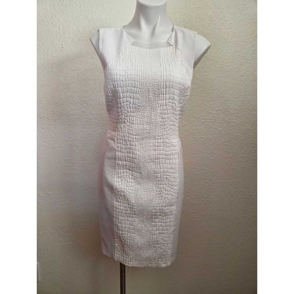 Elie Tahari White Quilt Croc Texture Sheath Dress Sleeveless Mesh Trim E281N604